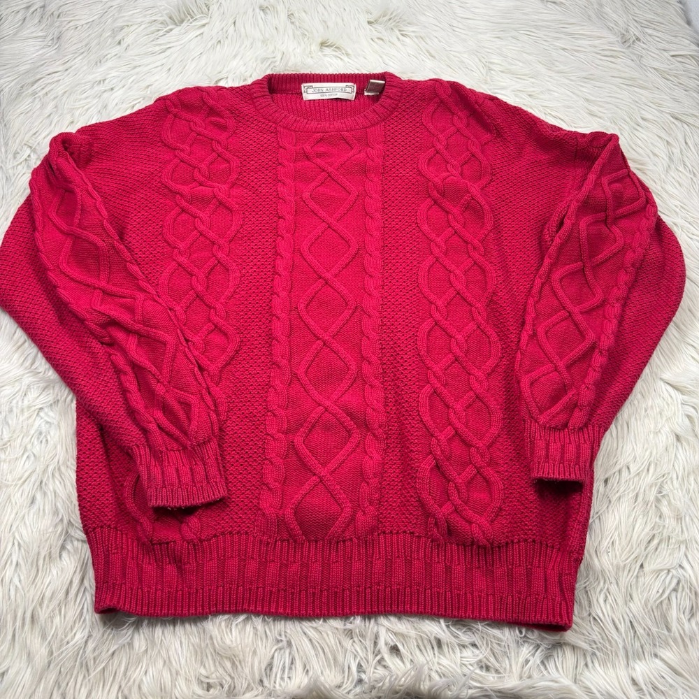 Vintage John Ashford Men's XL Red Cable-Knit Cotton Sweater Preppy Heritage